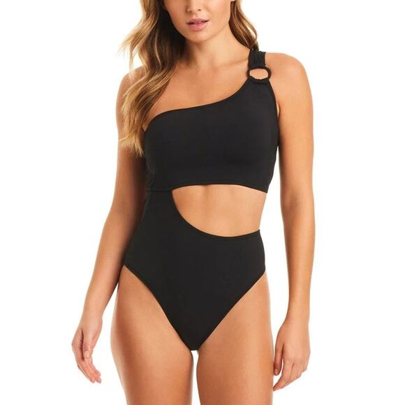 Jessica Simpson Other - Jessica Simpson Black Waist-Cutout Asymmetrical One-Piece Swimsuit Medium NWT
